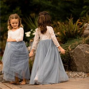 2 Bunnies Dusty Blue Lace Flower Girl Dress Wedding Long Sleeve Tulle Size 5 NWT